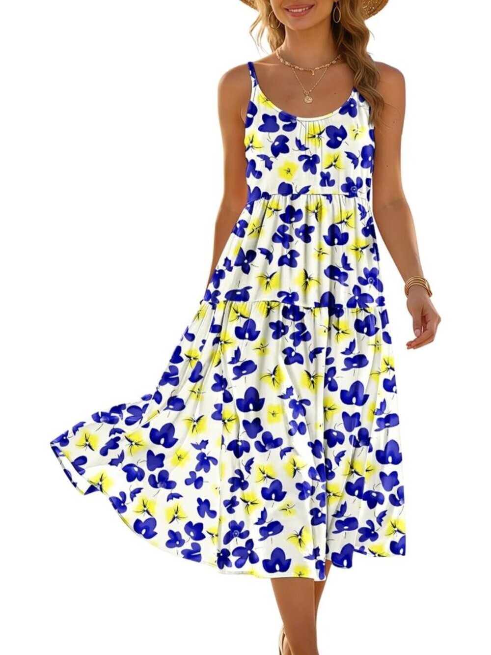 Women's Floral White Stable Spaghetti Strap Sundress Boho Casual Flow Midi Dress